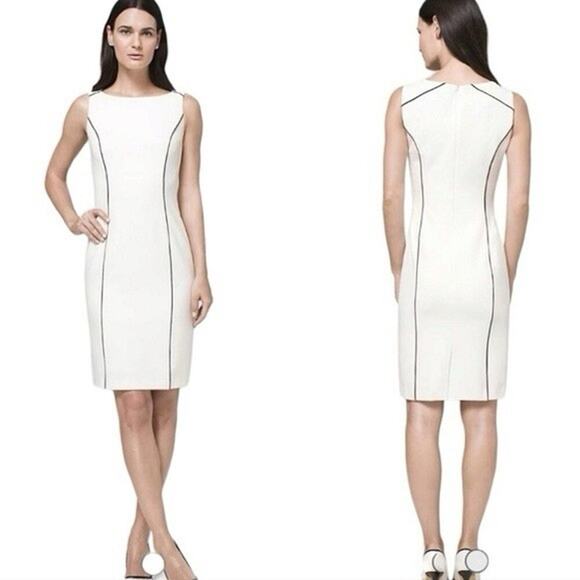 WHITE HOUSE-BLACK MARKET Size 2 Black White Piping Sheath Dress In Ecru EUC - Picture 4 of 8